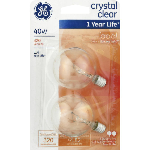 2 decorative G16 1/2 candelabra base bulbs. 1 year life (Based on 3 hours use per day). Cozy, relaxing light. 1.4 Year life (Based on 3 hours use per day). Brightness: 320 Lumens. Estimated Energy Cost: $4.82 per year. Let GE Show You What Light Can Do: From light that lets you see every detail to light that helps you connect with family and friends, from vibrant to gentle - GE's new home lighting solutions make it easy to find the right light for your home. 280-520 Lumens - cozy, relaxing light. Add a decorative touch by using crystal clear bulbs from GE in chandeliers, wall sconces or anywhere the bulb is visible. www.GELighting.com. Visit us on the internet: www.GELighting.com; 800-GE-Light. Made in Philippines. Brightness Quantity: 320 lumens. Energy Info: $4.82 based on 3 hrs/day, 11 cent/kWh. Cost depends on rates and use. 40 watts. Package Info: 2. Bulb Info: Screw. Candelabra. Bulb Life: 1.4 years Bulb Appearance: 2500 k.