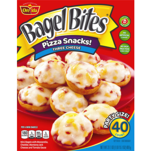 Bagel Bites Three Cheese Pizza Snacks offer a quick and easy snack that kids love and parents can easily serve. Our mini pizza bagels are topped with mozzarella cheese, cheddar cheese, Monterey Jack cheese and tomato sauce for a mouthwatering flavor that excites taste buds. Whenever you serve our mini pizza bagels, they're always a hit. Try our frozen appetizers at a party or as an after school snack. Each serving of Bagel Bites has 6 grams of protein, contains 0g trans fat, and no artificial flavors or high fructose corn syrup. Bake them in the oven or toaster oven for a crispy finish, or microwave them for a quick snack. Keep these mini cheese pizza bagels frozen until ready to eat.
