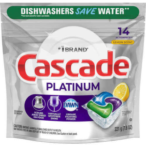 No. 1 brand (Among dishwasher detergents based on sales). Scrubs away dried food. Virtually spotfree shine. Dawn: Grease fighting power. Phosphate free. Cascade believes in the safety and quality of our products. Phosphate free. Safe for septic tanks. Dishwashers save water (Energy Start certified dishwashers use less than 4 gallons per cycle. Running the tap for 11 minutes while handwashing uses up to 24 gallons of water). 24 gallons with 11 minutes of handwashing vs. 4 gallons per 1 dishwasher cycle. Running the dishwasher daily saves water (Energy Start certified dishwashers use less than 4 gallons per cycle. Running the tap for 11 minutes while handwashing uses up to 24 gallons of water).