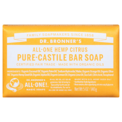 Dr. Bronner's Bar Soap, Pure-Castile, All-One, Hemp, Citrus