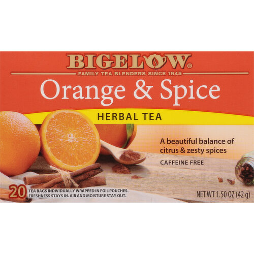 Bigelow Herbal Tea, Orange & Spice, Caffeine Free, Tea Bags