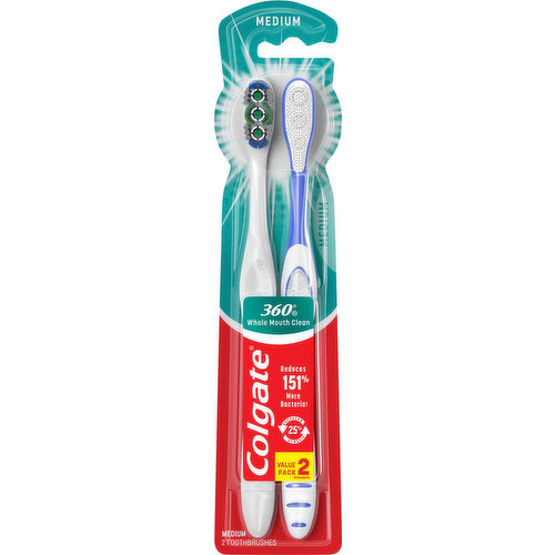 Colgate Toothbrushes, Medium, Value Pack, 2 Pack