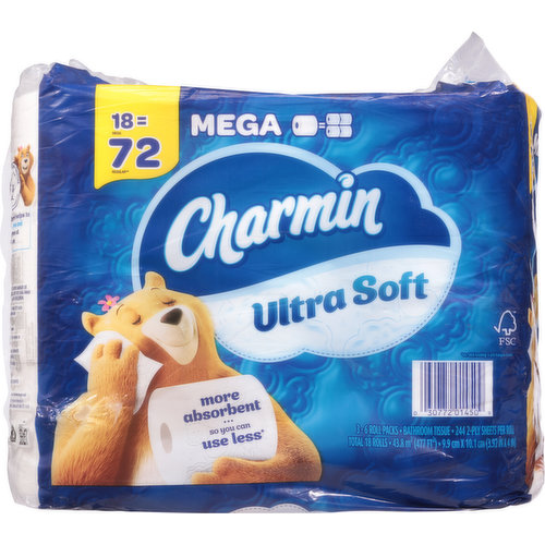 18 mega = 72 regular (Based on number of sheets in Charmin regular roll). More absorbent - so you can use less (vs. USA leading 1-ply bargain brand). 1 mega = 4 regular rolls (Based on number of sheets in Charmin regular roll). Unscented. Charmin is safe for your sewer or septic system. Protect + Grow + Restore. Learn more at Charmin.com. Learn how Charmin helps to protect, grow and restore trees at charmin.com. FSC: Mix - Paper from responsible sources. www.fsc.org. Rainforest Alliance Certified
