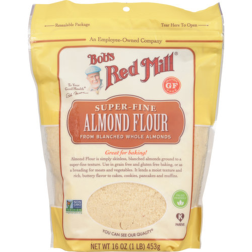 An employee-owned company. To your good health. - Bob Moore. From blanched whole almonds. Great for baking! Almond Flour is simply skinless, blanched almonds ground to a super fine texture. Use in grain free and gluten free baking, or as a breading for meats and vegetables. It lends a moist texture and rich, buttery flavor to cakes, cookies, pancakes and muffins. You can see our quality. Dear Friends, Pure and simple. Those are the perfect words to describe Bob's Red Mill Almond Flour. Take a look at the ingredients - or rather, the ingredient. That's right. There's only one: almonds. It doesn't get much simpler than that. And we think that's just how it should be. To your good health, Bob Moore. Reasons to love almond flour. Grain free.