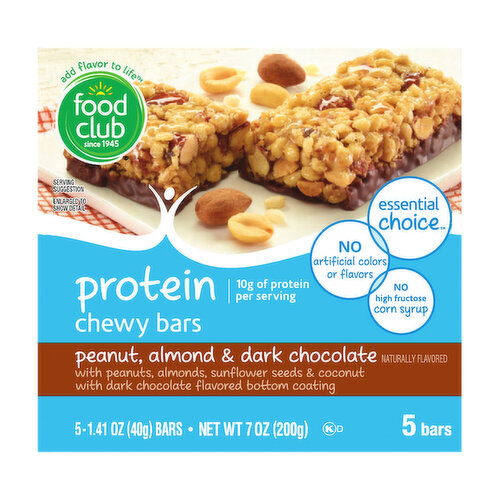 Food Club Protein Bars, Chewy, Peanut, Almond & Dark Chocolate