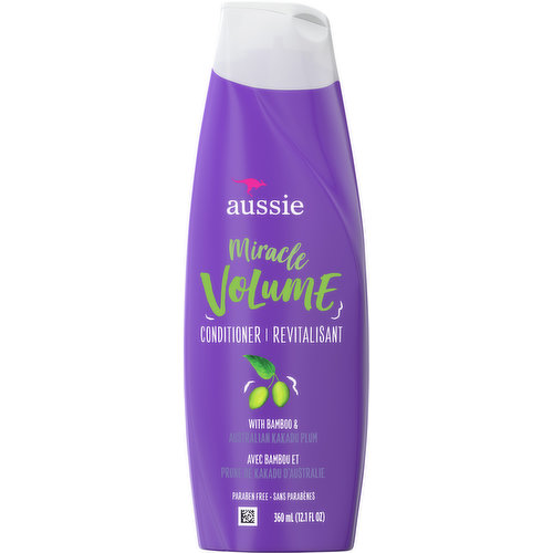 REACH FOR THE SKY. Aussie Miracle Volume Conditioner sets the volume to 10 and your look to 11. The lightweight formula is infused with Kakadu plum and bamboo and easily absorbs into strands for the right amount of softness with over-the-top body. After shampooing, smooth it on your hair, rinse and enjoy the amazing scent as you prepare your style to reach unforgettable heights.