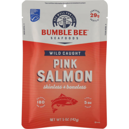 Est. 1899. Be well for life. Single serve 5 oz. Tear into the goodness.. Sure there are lots of fish in the sea, but there's only one Bumble Bee. Wild Caught. Protein Rich. Mild, delicate and ready to savor. This pink salmon is easy to use in all your favorite recipes - and a few of ours! MSC: Certified sustainable seafood. msc.org. from an MSC: Certified sustainable fishery. MSC-C-55658. Wild caught.