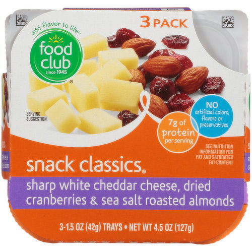 Food Club Snack Classics, Sharp White Cheddar Cheese, Dried Cranberries & Sea Salt Roasted Almonds