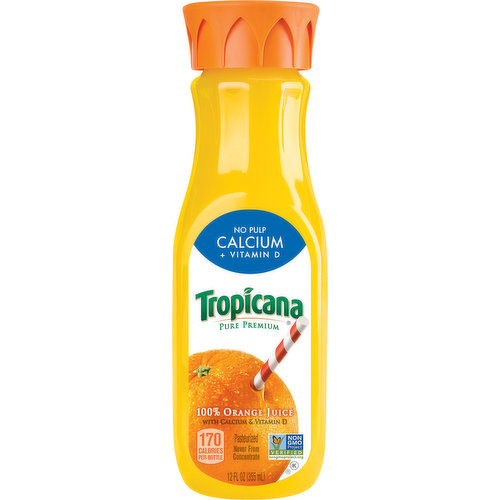 170 calories per bottle. Calcium & vitamin D. Non GMO Project verified. nongmoproject.org.  Pasteurized. Never from concentrate. Questions or comments? 1-800-237-7799. Contains orange juice from US and Brazil.