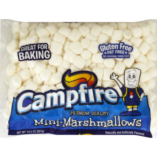 Naturally and artificially flavored. Premium quality. Great for baking. Gluten free. Fat free. The original since 1917. Check out our website for crafts and recipes. CampfireMarshmallows.com. Follow us on Facebook & Pinterest. Facebook. Pinterest. Find recipes at CampfireMarshmallows.com. Made in USA.