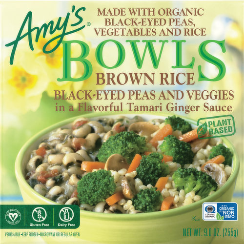 Plant based. Microwave or regular oven. Family owned since 1987. After the birth of our daughter Amy in 1987, we found there was little time to prepare the quality homemade food we normally ate. Realizing there were others like ourselves, we started Amy's Kitchen to prepare delicious meals for those who care about the food they eat but are often too busy to cook. We use only the finest ingredients and prepare them with the same careful attention in our kitchen as you would in your own home. No meat, fish, shellfish, poultry, eggs or peanuts are ever used in any Amy's products. Amy's - From our home to yours. There are certain meals that are just plain down-home good eating - delicious and comforting without being fancy. This bowl is one of those - a balanced combination of organic brown rice and organic broccoli and carrots in a tasty ginger sauce, along with slowly simmered black-eyed peas. It has the flavor of slow cooked food with the convenience of frozen, and it's dairy free and gluten free as well. Amy's dad eats this at any time of the day and loves it. We hope you will too.