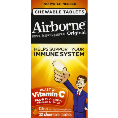 Immune Support Supplement. Naturally and artificially flavored. No water needed. Helps support your immune system. Blast of vitamin C plus 13 vitamins, minerals & herbs. 4 chewable tablets = 1,000 mg of vitamin C; high in antioxidants (vitamins A, C & E); excellent source of zinc & selenium; 350 mg of herbal blend including echinacea & ginger. Great-tasting Airborne Chewable Tablets provide the same immune support ingredients as Airborne Effervescent Tablets. Visit airbornehealth.com to learn more. Gluten free. No preservatives. Health. Hygiene. Home. For information call: 1-800-590-9794; www.airbornehealth.com. Recyclable carton. (These statements have not been evaluated by the Food and Drug Administration. This product is not intended to diagnose, treat, cure or prevent any disease).