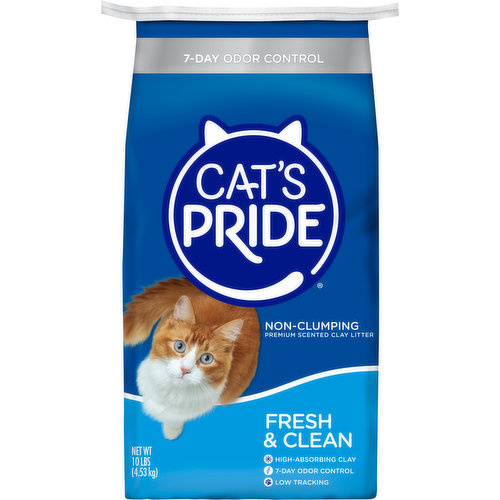 7-day odor control. Non-clumping. High-absorbing clay. Low tracking. Proud to be the Most Passionate Company About Cats: Cat's Pride, a family owned brand, has been developing superior products from our unique clay minerals for over 75 years. Our history, expertise and resources allow us to maximize our mineral's potential to create innovative, top-quality premium cat litter products that serve the needs of cats and owners alike. Cat's Pride Fresh & Clean litter is formulated from naturally porous, highly-absorbent minerals that inhibit the growth of odor in the litter box for at least 7 days. This moisture-activated absorption locks odors instantly, leaving behind a fresh and clean scent without overpowering fragrances. 30-Day Guarantee: If you are unsatisfied with this product for any reason in the first 30 days of use, please return the sales receipt and label proof of purchase symbol for a full refund. Learn more at catspride.com and at facebook.com/catspride. Questions & Comments: Please call us toll-free at 1-800-45-3741, or write to us at: Cat's Pride Consumer Relations P.O. Box 11279 Chicago, IL 60611-0279. Email: catspride(at)oildri.com. After the last scoop, please recycle this bag. Help lower our carbon pawprint. Proudly made in the USA. You want the best care for your cat, and so does cat's pride. That's why we developed cat's pride to be a quality cat litter proudly endorsed by the american humane association. Every day, all across the country, this non-profit organization dedicates its time and services to the prevention of cruelty, neglect, and exploitation of animals. Now, you too can work with us to help animals everywhere when you purchase cat's pride. Because with each purchase of cat's pride, a donation is made to the aha to assist in their efforts all across the country.; A product the american humane association stands behind. The aha stands behind hundreds of clinics, thousands of animal shelters and millions of cats, yet it still only recommends one brand of cat litter, cat's pride. This approval is not given lightly. It requires the absolute best in product quality, safety approval is not given lightly. It requires the absolute best in product quality, safety and effectiveness. And, it means that cat's pride and the aha share mutual values and feelings about the proper care of animals.; Natural, sponge-like minerals for unsurpassed absorbency. Cat's pride takes advantage of nature's gifts by processing only the highest absorbing "sponge-like" minerals as the foundation for superior odor control.; Safe and effective odor control. We also add safe and highly effective Ingredients that prevent the growth of germs in the litter, suppress odors and leave a fresh and clean scent. All without harsh chemicals or overpowering fragrances.