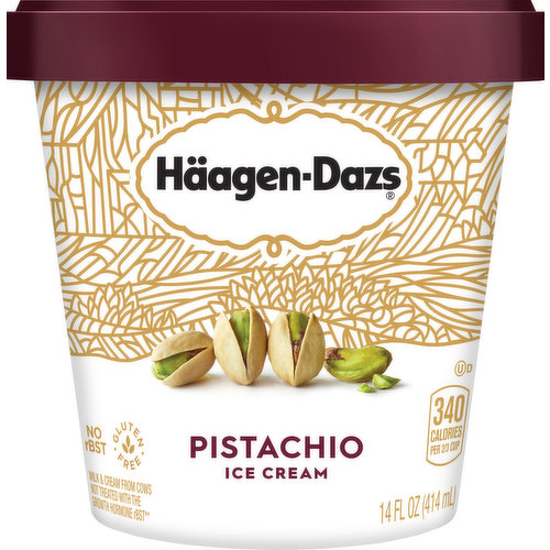 340 calories per 1/2 cup. Gluten free. No rBST. Milk & cream from cows not treated with the growth hormone rBST (no significant difference has been shown between milk from rBST treated and non-rBST treated cows). Lightly roasted, pale green pistachios pair with sweet cream ice cream to create a creamy, nutty, deeply satisfying flavor. Since 1960, our passion has been to transform the finest ingredients into extraordinary ice cream. SmartLabel: Scan for more info. Questions or comments? text or call 24/7 1-800-767-0120 or visit us at haagendazs.com.