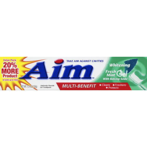 Multi-benefit. Take aim against cavities. Value pack 20% more product. On size up to 4.6 oz. Cleans. Freshens. Protects. The great-tasting gel toothpaste that provides cavity protection & whitening with Baking Soda. Cleans. Freshens. Strengthens enamel. Protects. Questions or comments? call 1-800-786-5135 Monday- Friday 9 am - 5pm ET. Made in the USA with US & foreign materials.