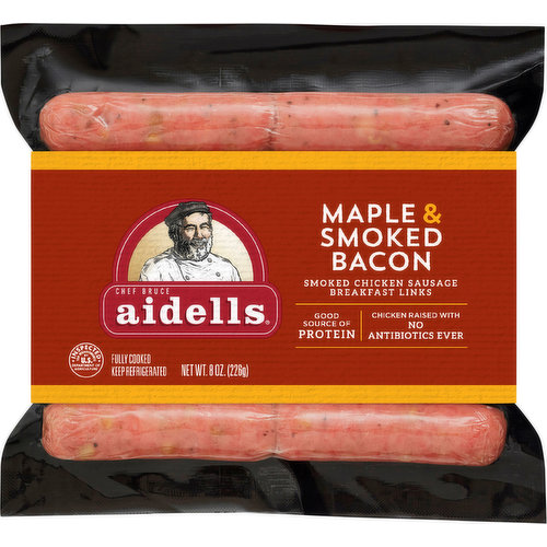 Start your morning off right with Aidells Maple & Smoked Bacon Chicken Sausage Breakfast Links. Vermont maple sugar and a hint of vanilla combine with the rich flavors of smoked bacon and all-natural chicken for a signature sweet and smoky flavor. Simply pair with eggs and toast for a traditional breakfast or chop and mix into waffle batter for a flavorful brunch. Our Maple & Smoked Bacon Breakfast Sausage is gluten-free. For over 30 years, Aidells chicken sausages have been handcrafted in small batches with care using only the freshest, most flavorful ingredients we can find. Our all-natural sausages are stuffed by hand in natural casings with no fillers or binders and slow-smoked for hours over real hardwood chips for that snap we love. Though Aidells has grown over the years, we still believe in doing things the way we always have: with extraordinary care and passion. Minimally processed, no artificial ingredients.