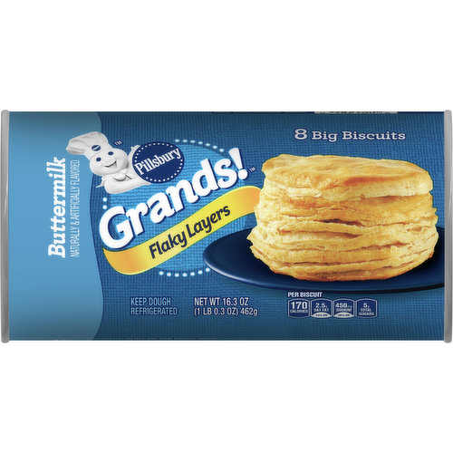 Make family meals grand with the home-baked goodness of Pillsbury Grands! Flaky Layers Biscuits. Kids and adults alike love to pull apart the flaky layers of their warm Grands! buttermilk biscuits. A great alternative to scratch baking, Grands! refrigerated biscuit dough is ready-to-bake. In just minutes, the air will be filled with the delicious aroma of freshly baked biscuits for you to serve with butter, jam, gravy or more. Imagine the memories you’ll make.
These biscuits will give you time back in your day to focus on what matters by helping with grocery lists and post-baking kitchen cleanup. Simply preheat the oven to 350° F (or 325° F for a nonstick cookie sheet), place refrigerated biscuit dough 1 to 2 inches apart on ungreased cookie sheet and bake 13-16 minutes or until golden brown. In just a few simple steps, you'll have delicious biscuits without all the fuss!