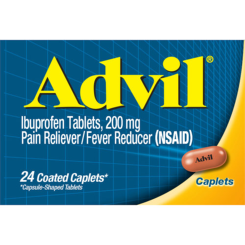 Pain reliever/fever reducer (NSAID) 24 Coated caplets (capsule-shaped tablets). www.advil.com.  Questions or comments? call toll free-1-800-88-ADVIL.