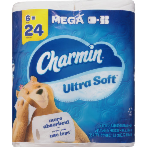 6 Mega = 24 Regular (based on number of sheets in Charmin Regular roll). More absorbent - so you can use less (vs. USA leading 1-ply bargain brand). 1 mega roll = 4 regular rolls (based on number of sheets in Charmin Regular roll). Unscented. Charmin is safe for your sewer or septic system. Learn how Charmin helps to protect, grow and restore trees at charmin.com. Protect + grow + restore. Learn more at charmin.com. FSC: Mix - Paper from responsible sources. www.fsc.org. Rainforest Alliance Certified.