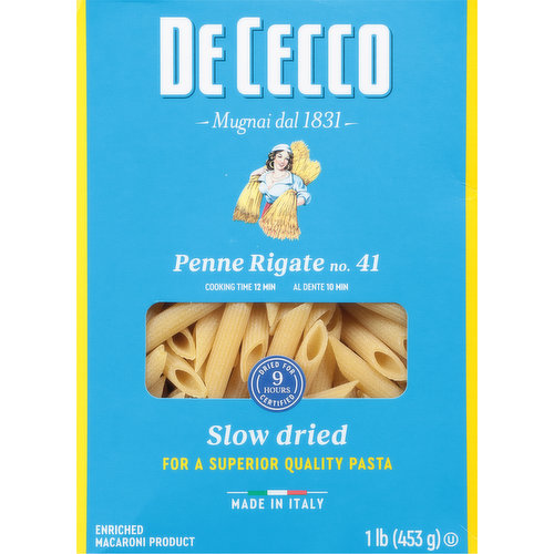 Cooking time 12 min. Al dente 10 min. Dried for 9 hours certified. For a superior quality pasta. From father to son. The De Cecco family started milling in 1831 at Fara San Martino: a real vocation which in 1886 evolved into an authentic art of pasta-making. A long history of passion that combines only the best wheat and the unique know-how of ancient pasta-making traditions to produce a superior quality pasta. 1. Slow Drying: It was 1889, as recorded in the Treccani Encyclopaedia, when Filippo Giovanni De Cecco invented the first low-temperature slow-drying system. We still use the same method today to best preserve the natural flavor and aroma of wheat and the natural color of our semolina for a superior quality pasta. 2. The Best Durum Wheats: We select the best durum wheats from Italy and the rest of the world in terms of gluten quality, healthiness, protein content and organoleptic characteristics, in order to constantly guarantee, despite the variability of the crops an al dente pasta with an intense taste to savor. 3. Coarse-Grain Semolina: We use only coarse-grain semolina in order to preserve the integrity of the gluten and obtain a pasta which is always al dente. 4. Cold Majella Mountain Water: We make our dough solely with cold water from the Majella mountains, at a temperature of less than 59 degrees F ensuring perfect firmness when cooked. 5. Coarse Texture: We craft our pasta with coarse drawplates to guarantee the ideal porosity to best capture the sauce. The quality of our pasta is certified. Filled at least up to this line. Disclaimer: Product sold by weight, not by volume. EPD: Environmental Product Declaration registration number: S-P-00282.