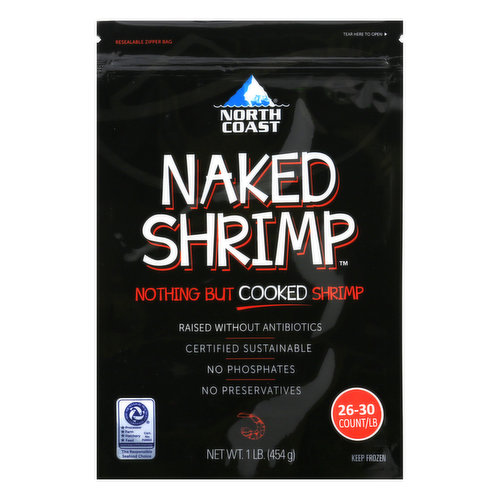 Raised without antibiotics. Certified sustainable. No phosphates. No preservatives. Nothing but cooked shrimp. 26-30 count/lb. Naked Cooked Shrimp are sustainably raised without antibiotics in nutrient rich ocean waters. Absolutely no preservatives or phosphates. Just 100% natural shrimp. Professional and home chefs agree. Naked Shrimp are the prime choice for a consistent exceptional flavor and crisp texture. Naked or nothing! www.northcoastseafoods.com. Learn more: Instagram. Facebook (at)NakedSeafoods. See the story scan here. Resealable zipper bag. Certified Best Aquaculture Practices. Processor. Farm. Hatchery. Feed. www.bapcertification.org. The responsible seafood choice. Product of India.