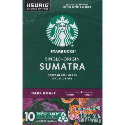 Starbucks Coffee, Ground, Dark Roast, Single-Origin, Sumatra, K-Cup Pods