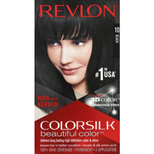 100% gray coverage. Now with keratin. Delivers long lasting high definition color & shine. Leaves hair in better condition. Keratin & silk amino acid. Color selection. Current. Results. Bark blonde/light brown. Medium brown. Dark brown/black. Revlon GoIorSilkTM, the most trusted hair color brand in the U.S.A. (Revlon’s calculations based on nielsen scantrack unit sales date for US. Hair color category last 52 weeks ending 8/05/2017 across xADc and nielsen us panel date FY 2016), incorporates Revlon 3D Color Gel Technology: for long-lasting, natural-looking, multi-dimensional color, now with Keratin. Revlon 3D Color Gel Technology Our Revlon 3D Color Gel Technology', with a combination of specially blended dyes, conditioners and polymers, delivers natural looking, multi-tonal color from root to tip, not only boosting your hair color but also adding definition and dimensionality. The result: completely transformed, natural looking, multifaceted color and shine. Keratin & Silk Amino Acid Our Ammonia-Free Revlon ColorSilk is enriched with a blend of Keratin and silk Amino Acid that penetrate every strand. The hair looks silky, healthy, shiny and in better condition than before you colored. New creamy conditioner Our ultra hydrating cream texture conditioner, highly nourishes hair after color application providing optimal shine and care. ColorSilk delivers beautiful color, silky shiny hair and 100% gray coverage, now with a new fragrance experience. Multi-dimensional color that looks naturally radiant. 3D color gel technology for natural rich color. Package contents: 1 Ammonia-free colorant 2 fl. oz./59.1 ml. 1 Cream color developer 2 fl.oz./59.1 ml. 1 After-color conditioner 0.4 fl. oz/11.8 ml. 1 Application & 1 pair of gloves. Ammonia free. colorsilk.com. revlon.com. Visit us at colorsilk.com. Questions or concerns? Speak to a revlon hair color expert toll-free at: 1-800-4-Revlon (473-8566). Monday-Friday 7:00 am - 6:00 pm EST. Spanish-speaking haircolor experts also available. For more information go to colorsilk.com. Made in the USA with US and non-US components.