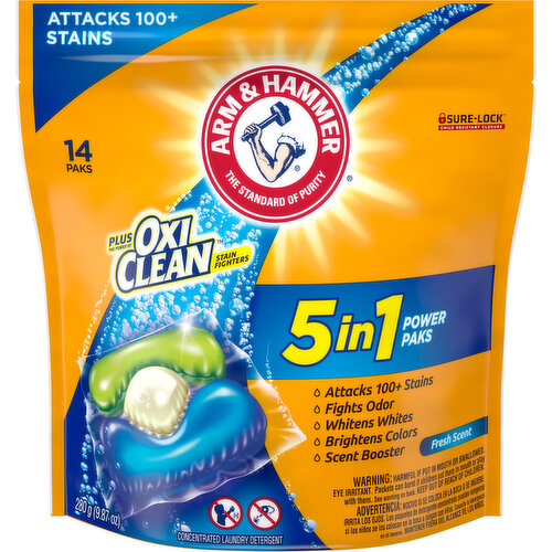 Arm & Hammer Laundry Detergent, Concentrated, Fresh Scent, 5 in 1 Power Paks