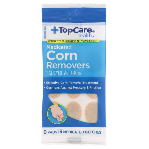 COPYRIGHT TOPCO PBAA0918DIRECTIONS - WASH AFFECTED AREA AND DRY THOROUGHLY, IF NECESSARY, CUT MEDICATED PATCH TO FIT CORN, APPLY ADHESIVE SIDE OF MEDICATED PATCH ONTO CORN, COVER MEDICATED PATCH WITH PAD, AFTER 48 HOURS, REMOVE MEDICATED PATCH, REPEAT PROCEDURE EVERY 48 HOURS AS NEEDED FOR UP TO 14 DAYS (UNTIL CORN IS REMOVED), MAY SOAK CORN IN WARM WATER FOR 5 MINUTES TO ASSIST IN REMOVALQUALITY GUARANTEED - THIS TOPCARE PRODUCT IS LABORATORY TESTED TO GUARANTEE ITS HIGHEST QUALITY. YOUR TOTAL SATISFACTION IS GUARANTEED.PODIATRIST APPROVED FOR ACTIVE LIFESTYLES - APPROVED BY THE CENTER FOR PODIATRIC CARE AND SPORTS MEDICINESCAN HERE FOR MORE INFORMATIONQUESTIONS? CALL 1-888-423-0139QUESTIONS? 1-888-423-0139, TOPCARE@TOPCO.COM, WWW.TOPCAREBRAND.COM52-003TC-01