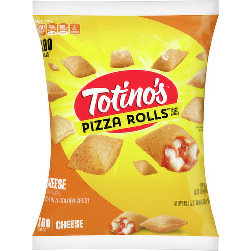 Totino's Cheese Pizza Rolls are hot and delicious. There are people who love cheese, and there are people who are wrong. Perfect for people who just love cheese (so, everyone). Instructions on the back. Happiness inside. Everything you love about traditional cheese pizza is packed into Totino's Cheese Pizza Rolls' bite-sized golden, crispy pockets. Prepare them in the oven or, if you're short on time, simply pop the frozen pizza rolls in the microwave so they're ready in just 60 seconds. Totino's Pizza Rolls can also be prepared in an air fryer in under 10 minutes. Serve these pizza snacks as is or turn it up a notch with your favorite pizza ingredients like grated cheese, a sprinkle of herbs and tasty marinara dipping sauce. Either way, it's a great snack that you can serve up in seconds. Contains 100 pizza rolls in total.