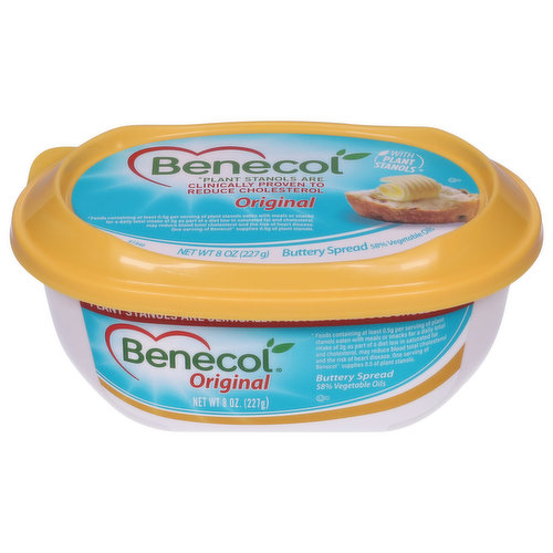 One serving of Benecol supplies 0.5 g of plant stanols. Per Serving (14 g): Benecol Orig: 8 g total fat; 70 calories. 11 g margarine; 100 calories. 11 g butter; 100 calories. Gluten free. With plant stanols (plant stanols are clinically proven to reduce cholesterol) (Foods containing at least 0.5 g per serving of plant stanols eaten with meals or snacks for a daily total intake of 2 g as part of a diet low in saturated fat and cholesterol, may reduce blood total cholesterol and the risk of heart disease). Tastes like butter, works like magic! 58% vegetable oils. Tastes like butter, works like magic! Ideal for cooking, baking & frying. www.BenecolUSA.com. For questions or comments, call toll free at 1-888-Benecol or visit www.BenecolUSA.com. $2 off. Visit www.benecolusa.com/signup and enter your email address! (1) coupon per email/ISP address. Sign up today and we will send you a $2.00 off (1) welcome coupon, along with recipes, usage ideas and money-saving offers.