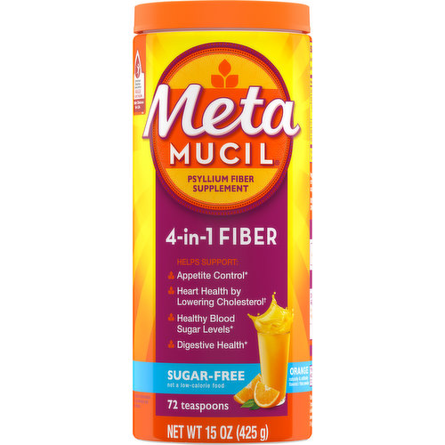 Metamucil Supplement, Psyllium Fiber, Sugar-Free, 4-in-1, Powder, Orange