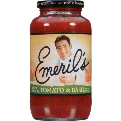 No preservatives. My tomato & basil is loaded with tomatoes, good oil, onions and a delicate spice blend. This versatile sauce is terrific in a baked ziti or lasagna, on pizza, and over any pasta. I like it with fresh grated cheese. - Emeril. www.bgfoods.com. www.emrilscooking.com. Glass recycles. My Tomato & Basil is loaded with tomatoes, good oil, onions and a delicate spice blend. This versatile sauce is terrific in a baked ziti or lasagna, on pizza, and over any pasta. I like it with fresh grated cheese.--Emeril.