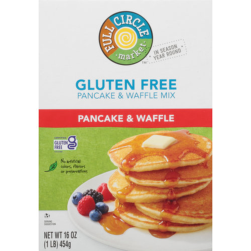 In season year round. Our Story: We believe in pairing the simple goodness of nature with delicious, market-inspired flavors and delivering that quality to your neighborhood grocer. With Full Circle Market, better choices and affordable prices are always In Season Year Round. Our pancake waffle mix: You'll flip for the taste of our gluten free pancake and waffle mix. Light in texture and fluffy with a hint of sweetness, it's a delicious way to start your day! Please recycle.