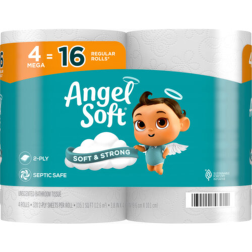 Angel Soft Bathroom Tissue, Unscented, Mega, 2-Ply
