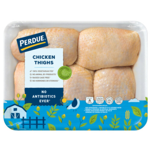 Perdue Fresh boneless skinless chicken thighs raised with no antibiotics ever. Packed 4-5 pieces per tray.