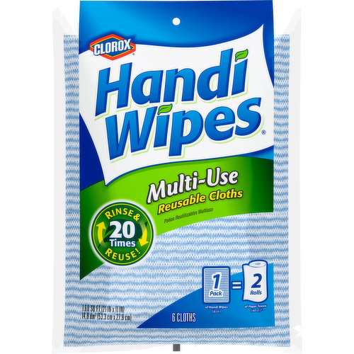 Rinse & reuse! 20 times. 1 pack of Handi Wipes (6 ct) = 2 rolls of paper towels (60 ct) (Comparison does not include energy and water consumption). Use all around the house! HandiWipes are America's No. 1 reusable, money-saving cleaning cloths. Durable Handi Wipes reusable cloths offer all the convenience and absorbency of single-use paper towels, but they last 20 times longer. Plus, sheet for sheet they're a better value than paper towels (Comparison does not include energy and water consumption). That means more trees and less waste. It's easy to be green when you use Handi Wipes cloths. Use Handi Wipes cloths again and again to wipe, clean, scrubs, polish or dust. Dishes; cars; stoves; windows; shoes; bathrooms; furniture; computers; sporting equipment; silver; countertops; refrigerators; electronics; outdoor furniture - and more.