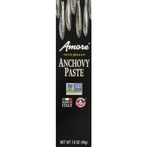 Non GMO Project verified. nongmoproject.org. Friend or the sea. Big & bold flavor. Amore Anchovy is made from only the highest quality anchovies, harvested from the Mediterranean sea at their peak of freshness. Recipe inside box. amorebrand.com. panosbrands.com. Visit amorebrand.com. Made in Italy. Product of Italy.