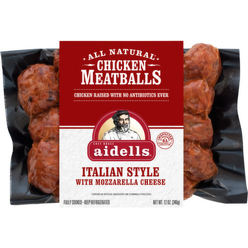 Enjoy the flavors of Italy with Aidells® Italian Style with Mozzarella Cheese Chicken Meatballs. Packed with sun-dried tomatoes, garlic and mozzarella cheese, our all-natural* chicken meatballs are savory and fresh. Our Italian Style Chicken Meatballs are fully cooked, gluten-free and have no added nitrites, except for those naturally occurring in celery powder. Includes one 12 oz. package of chicken meatballs. For over 30 years, Aidells® products have been handcrafted in small batches with care using only the freshest, most flavorful ingredients we can find. Our all-natural meatballs are made with real fruits and vegetables such as apples, mangoes, sun-dried tomatoes, and real garlic. And you’ll never find anything you can’t recognize in our meatballs because we never use any fillers or binders, ever. Though Aidells® has grown over the years, we still believe in doing things the way we always have: with extraordinary care and passion. *Minimally processed, no artificial ingredients