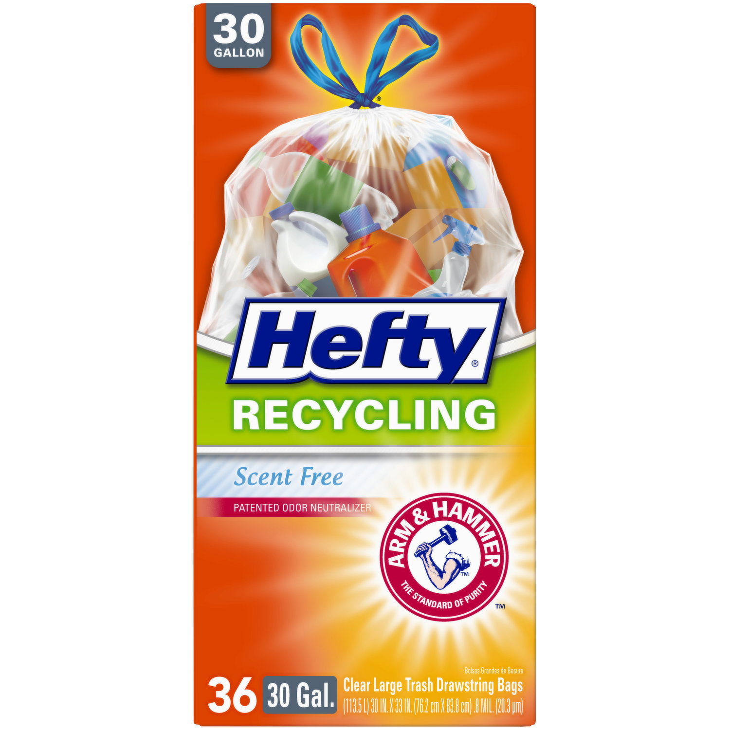 Hefty 30 Gallon Clear Large Recycling Trash Flap Tie Bags, 12