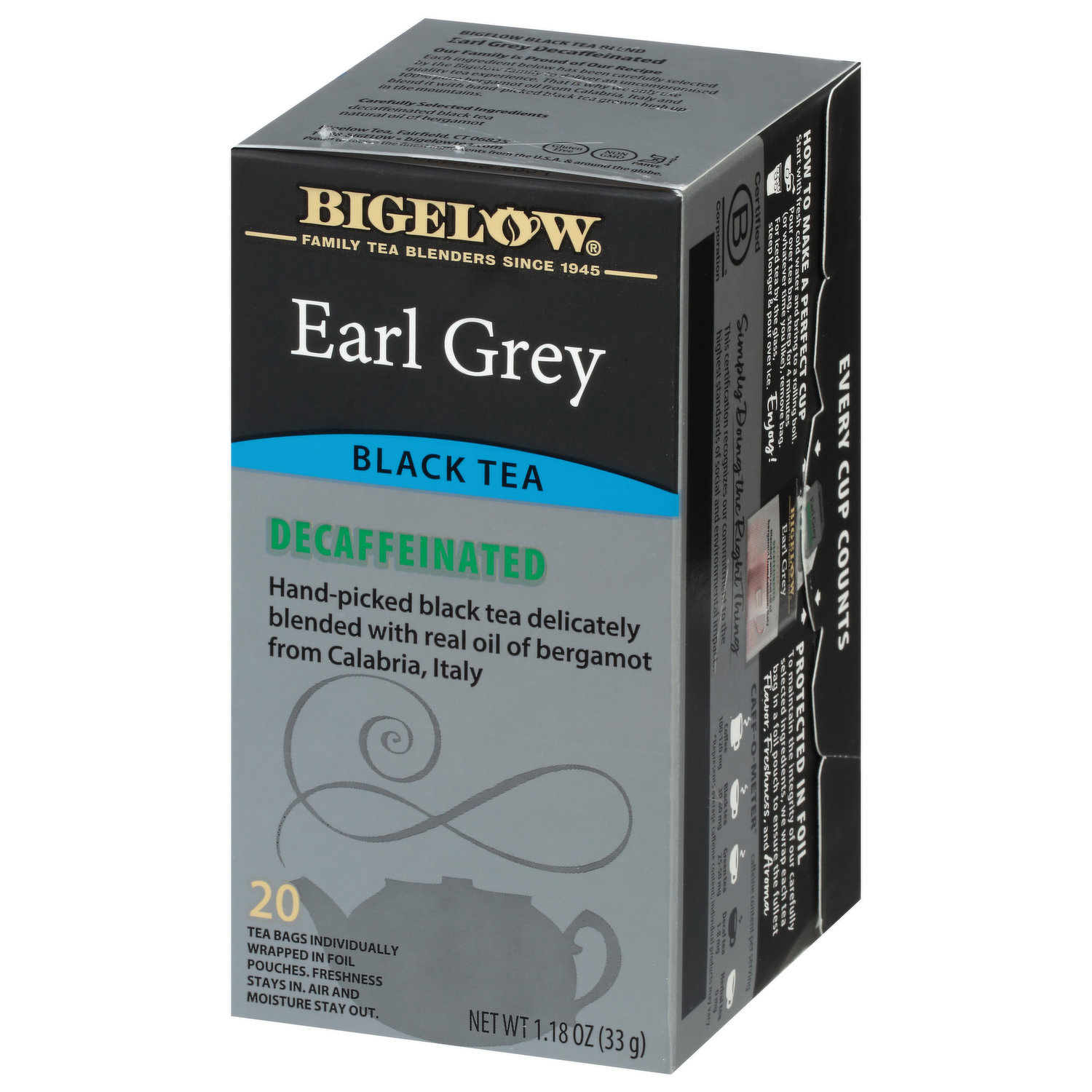 Bigelow Black Tea, Earl Grey, Decaffeinated, Tea Bags