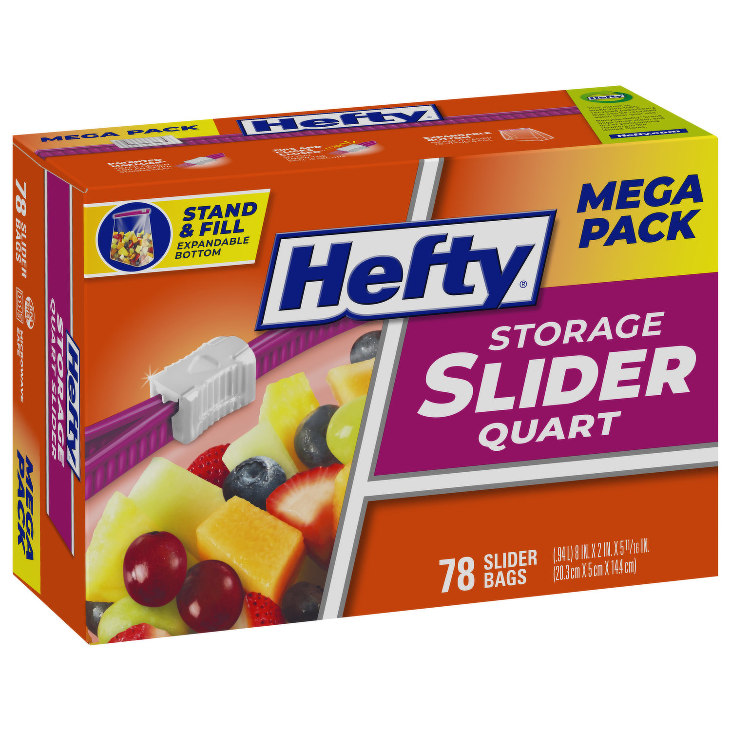 Mega Pack Hefty Slider Storage Bags Expandable Bottom, Quart Size