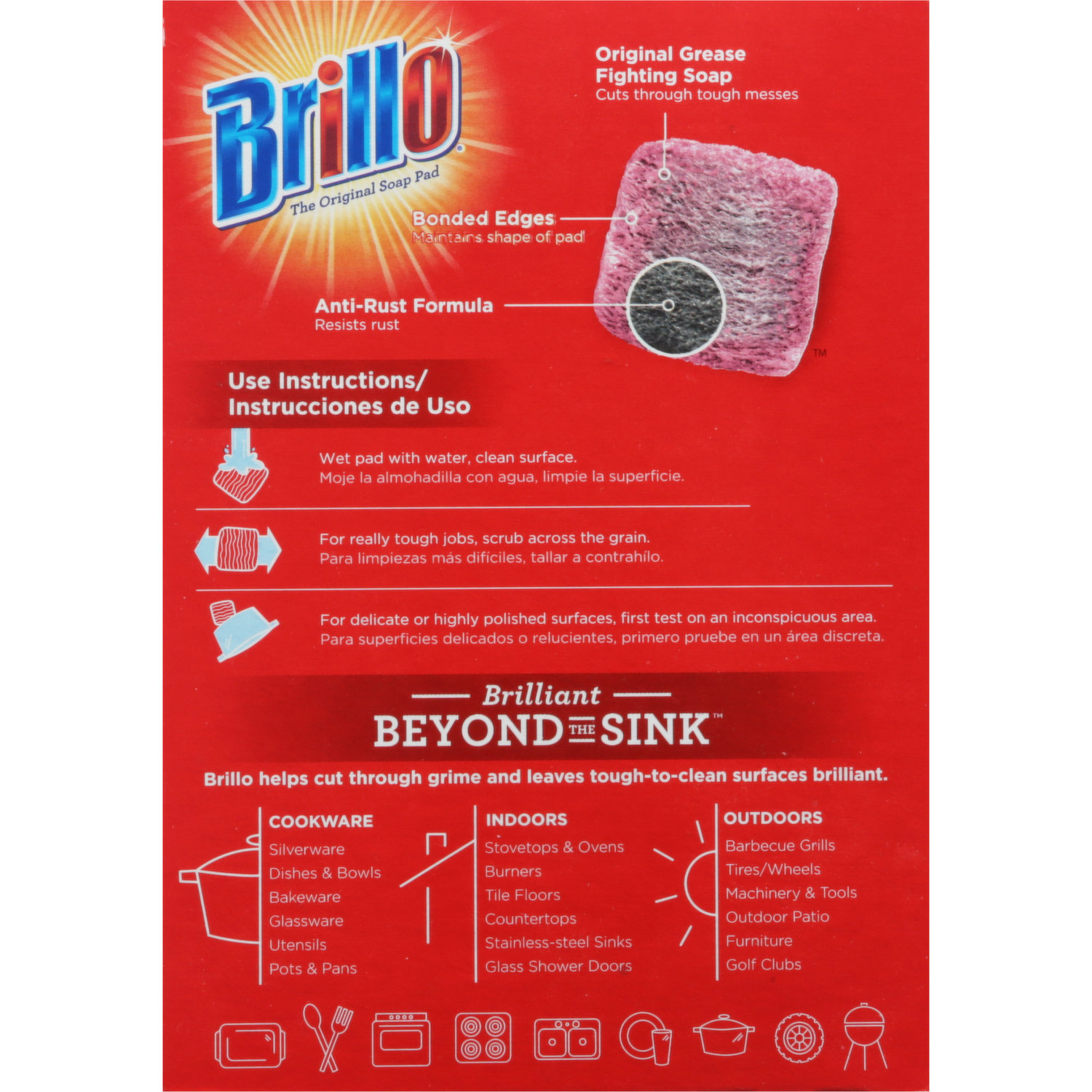 An advert for a box of Brillo steel wool cleaning pads. It appeared in a  magazine published in the UK in 1959. Brillo Pad is a trade name for a scouring  pad