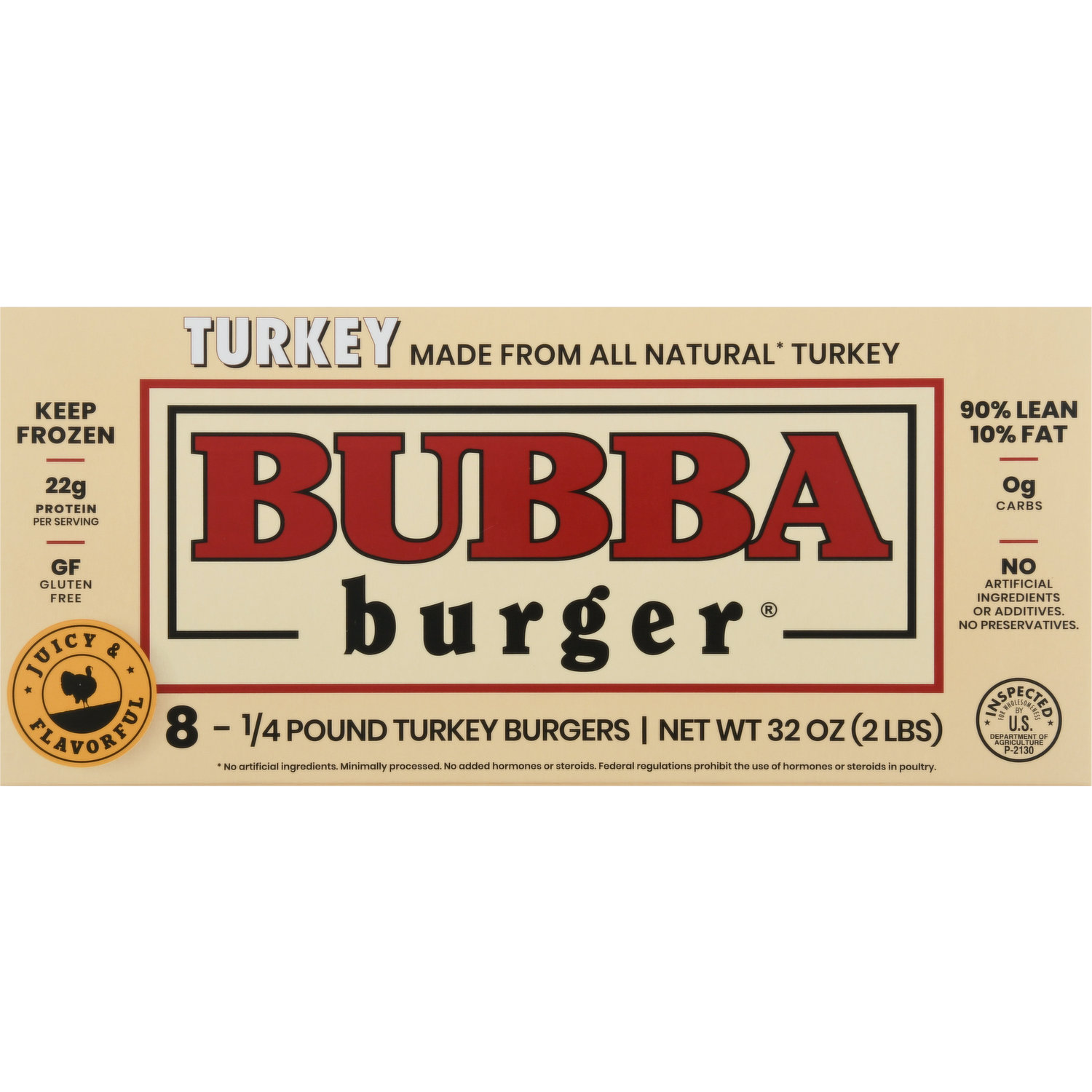 Bubba Burger Burgers, Turkey, 90%/10% - 8 - 0.25 pound burgers [32 oz (2 lbs)]