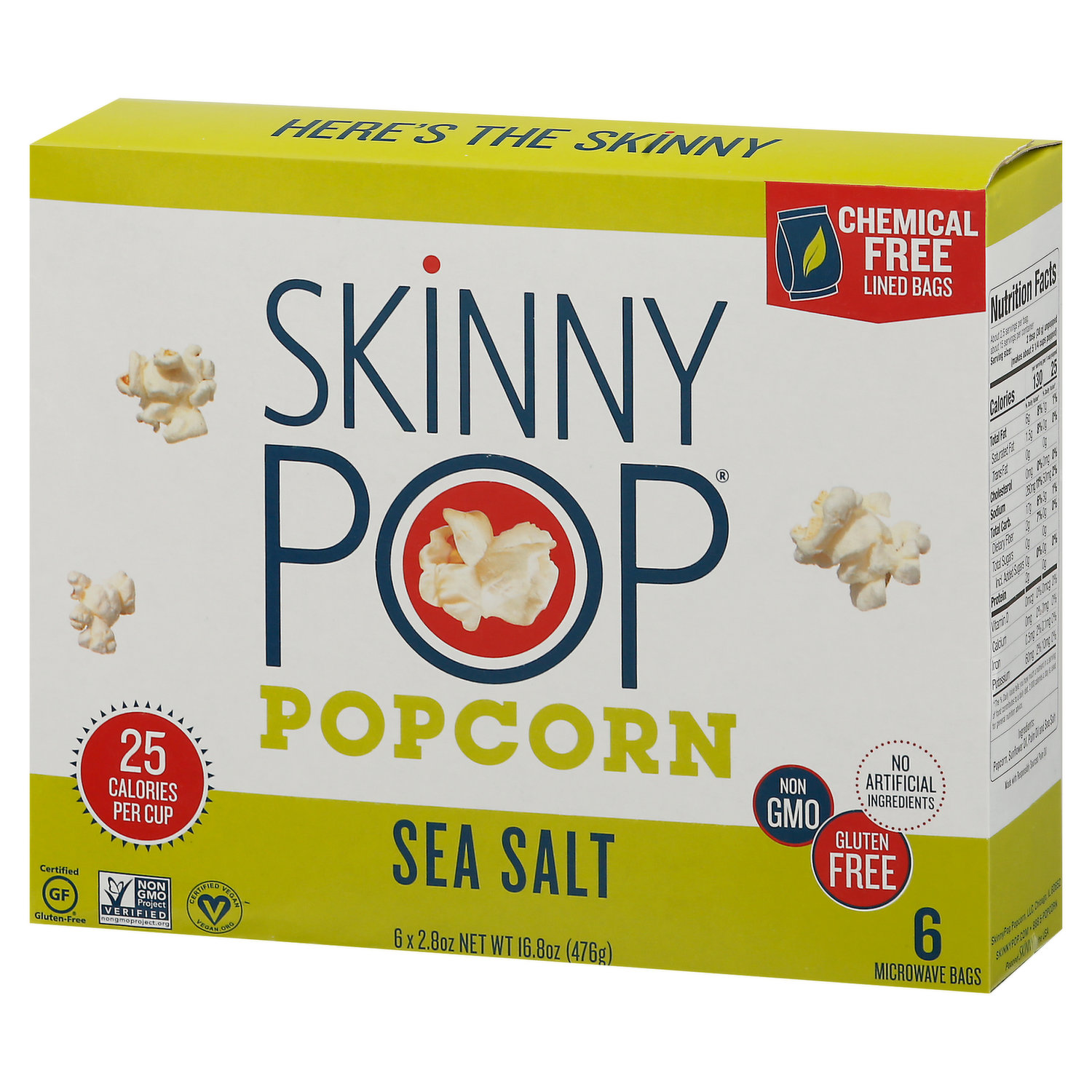 Skinny Pop Popcorn, Sea Salt, Microwave Bags 6 Ea, Popping Corn