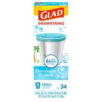 Glad Drawstring with Febreze Small Drawstring Trash Bags Beachside Breeze Scent, 34 Each