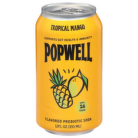 Popwell Tropical Mango Flavored Prebiotic Soda, 12 Ounce