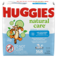 Huggies Natural Care Cucumber & Green Tea Baby Wipes Disposable 3 Flip-Top Pack, 168 Each