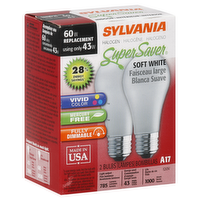 Sylvania 43W 120V A-Shape Soft White Halogen Light Bulbs, 2 Each