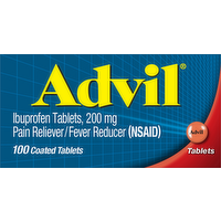 Advil Ibuprofen 220mg Coated Tablets for Pain Relief & Fever Reduction, 100 Each